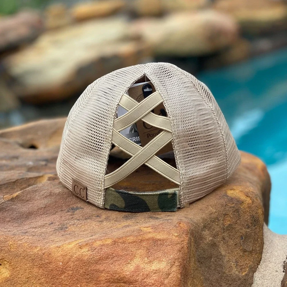 Distressed GRAY Camo Criss-Cross High Pony Ball Cap - Picture 5 of 5